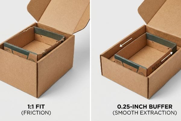 Box Fit Comparison Brown corrugated boxes show 1:1 Fit friction versus a 0.25-Inch Buffer for smooth Retail tray extraction.