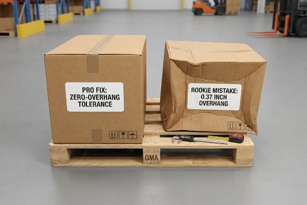 Cardboard boxes on a GMA pallet, one 'Pro Fix: Zero-Overhang Tolerance' and a damaged 'Rookie Mistake: 0.37 Inch Overhang' box.