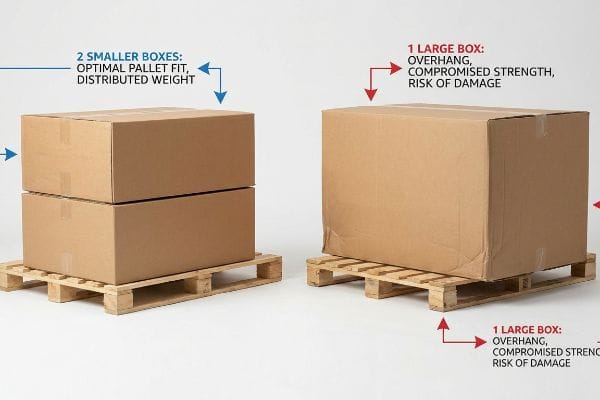 最適なパレット積載 2つの小型段ボール箱が木製パレット上に最適に積み重ねられており、「小型箱2個:パレットへの最適な収まり、重量の分散」とラベル付けされている。これに対し、1つの大型箱が別のパレットからはみ出しており、「大型箱1個:はみ出し、強度低下、破損リスク」とラベル付けされている。.