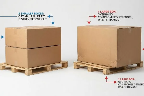 Optimal Pallet Loading Two smaller corrugated boxes are stacked optimally on a wooden pallet, labeled "2 Smaller Boxes: Optimal Pallet Fit, Distributed Weight", contrasting with a single large box overhanging another pallet, labeled "1 Large Box: Overhang, Compromised Strength, Risk Of Damage".