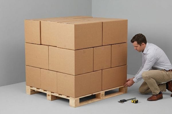 Brown corrugated boxes stacked on a GMA pallet, a man measures dimensions for zero-overhang and optimal freight density.