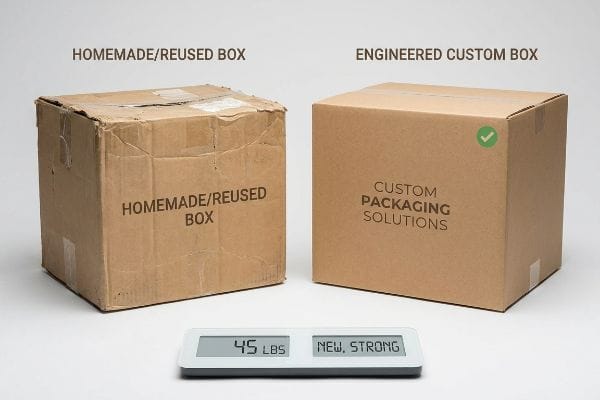 Box Strength Comparison A worn Homemade/Reused Box next to a new Engineered Custom Box with Custom Packaging Solutions, displaying 45 Lbs and New, Strong on a digital scale.