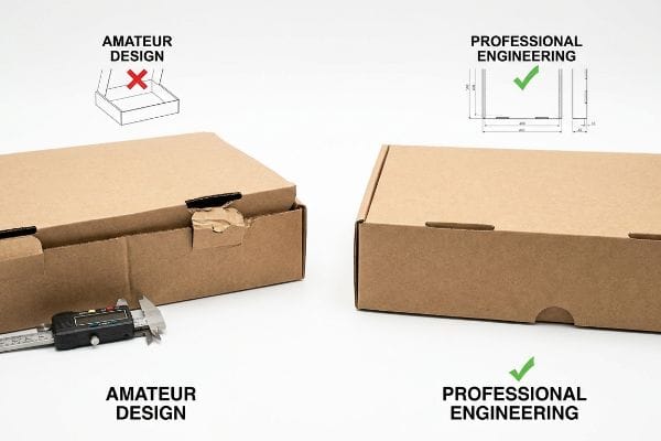 Vergleich der Konstruktionstechnik von Gehäusen Vergleich von Kraftkarton-Verschlüssen: Amateur Design verwendet einen aufgerissenen Laschenverschluss, Professional Engineering eine präzise Passform. Dabei kommen ein digitaler Messschieber und eine Stanzlinie zum Einsatz.