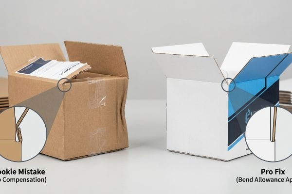 Detailed comparison of a brown corrugated box showing a Rookie Mistake in tab and slot design with No Compensation, next to a white box demonstrating the Pro Fix with proper Bend Allowance for perfect fit.