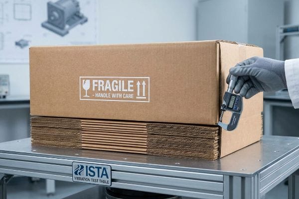 Corrugated cardboard box, marked Fragile Handle With Care, measured by a digital micrometer on an ISTA Vibration Test Table.