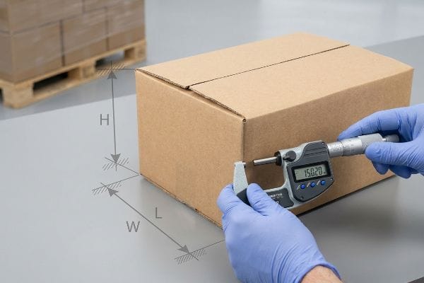 Brown corrugated cardboard box being measured for width with a digital micrometer displaying 150.20, illustrating LxWxH dimensions for packaging.