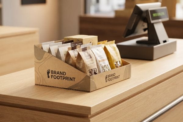 تسويق صناديق العرض على أسطح الطاولات تم وضع صندوق عرض مموج من ماركة Brand Footprint، مليء بأكياس منتجات متنوعة، بشكل استراتيجي على سطح طاولة بيع بالتجزئة خشبي لتحقيق تسويق فعال.