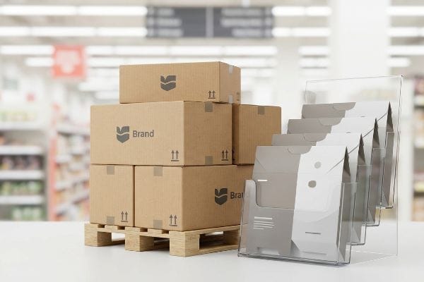 Retail Product Display Strategy A retail display features Brand logo cardboard boxes on a wooden pallet and an acrylic brochure holder with gray inserts.