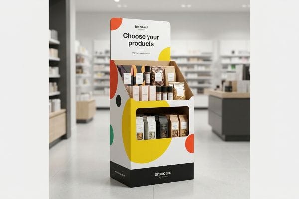 Brandard Product Display Box Brandard cardboard display box, vibrant abstract circles, displaying products and "Choose Your Products" in a pharmacy.