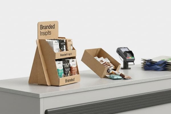 Branded Insipits Counter Display Kraft paperboard Branded Insipits POS display counter with an easel back, showcasing products at a retail checkout zone.