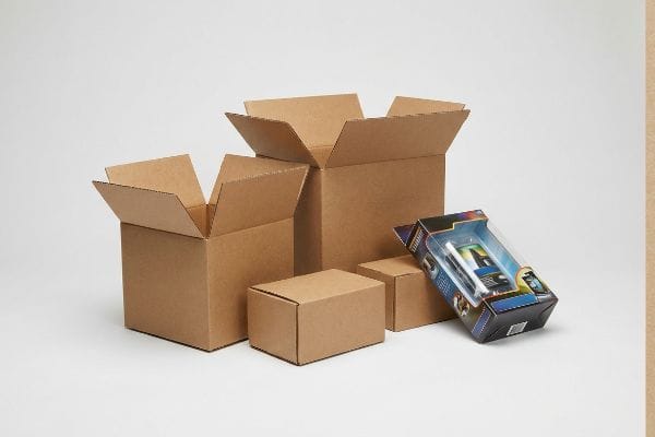 Ecommerce Non-Retail Packaging Brown corrugated cardboard boxes, open and closed, with a retail-packaged item in a clear blister pack, representing non-retail ecommerce packaging.