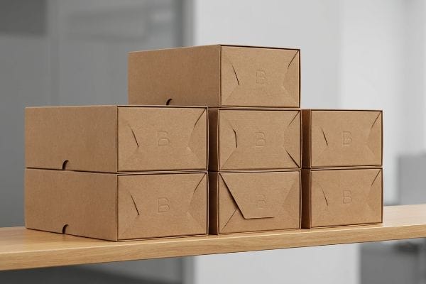 Brown Cardboard Storage Boxes Seven brown corrugated cardboard boxes with debossed B logos stacked on a light wooden shelf, ideal for footwear storage.