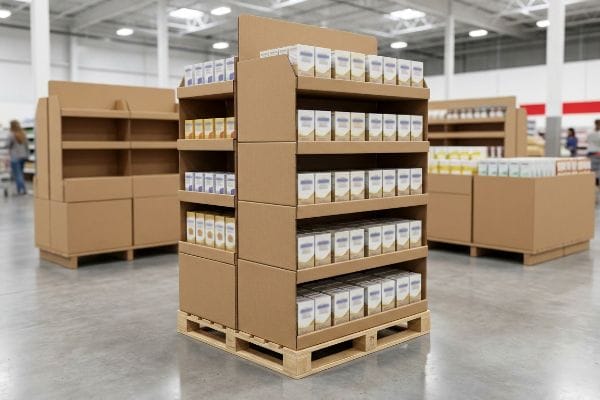 Braune, gewellte Viertelpaletten-Displays auf einer Holzpalette, gefüllt mit Produktkartons, in einem großen Einzelhandelsgeschäft.