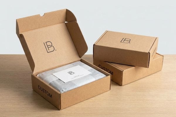 Custom Branded Boxes Brown corrugated custom shipping boxes, one open revealing 'LB.' branded card, white tissue paper, and 'Custom' text.