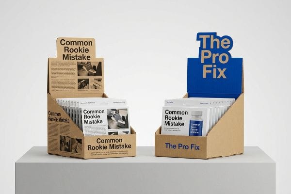Anfängerfehler – Profi-Lösung Zwei Wellpapp-Displayboxen auf einem weißen Sockel, die linke eine braune Verkaufsbox mit der Aufschrift „Common Rookie Mistake“, die rechte eine blaue, gestanzte Displaybox mit der Aufschrift „The Pro Fix“ und kleinen Flaschen.