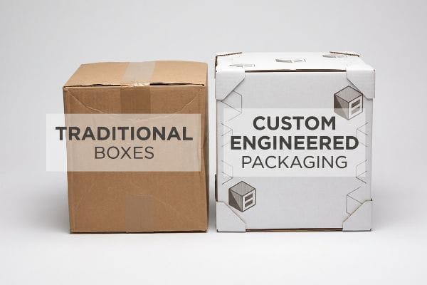 Brown corrugated 'Traditional Boxes' contrasted with white 'Custom Engineered Packaging' box featuring corner protectors.