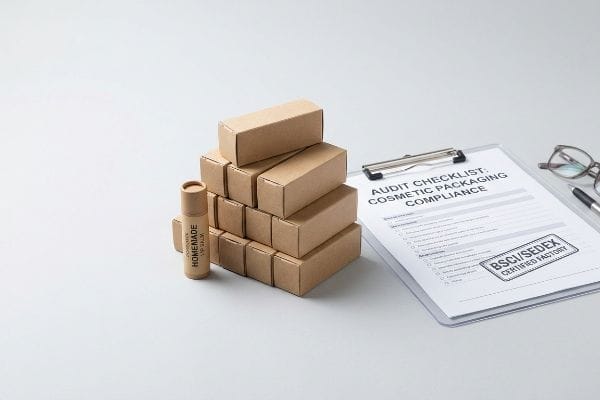 Kraft paper boxes and a 'Homemade Lip Balm' tube next to an 'Audit Checklist: Cosmetic Packaging Compliance' document stamped 'BSCI/SEDEX Certified Factory'.