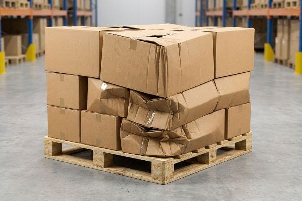 Packaging Failure Pallet Brown cardboard boxes, severely crushed and buckled, stacked on a wooden pallet in a warehouse, demonstrating compromised packaging integrity.