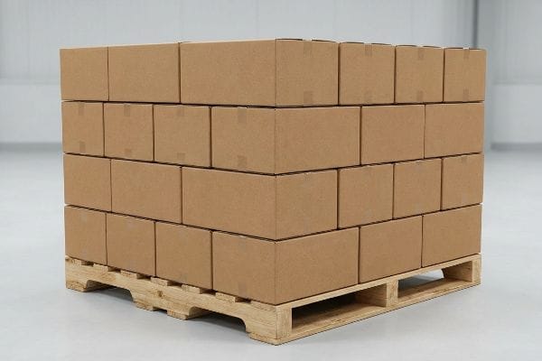 Brown corrugated shipping boxes stacked on a wooden GMA pallet, optimized for bulk logistics.