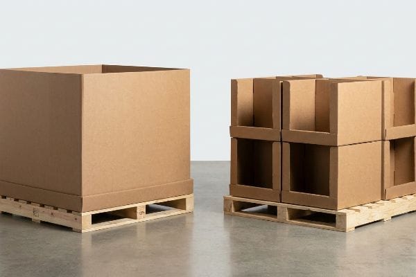 Brown corrugated cardboard bulk merchandiser, open and empty, resting on a wooden pallet, designed for efficient retail logistics.