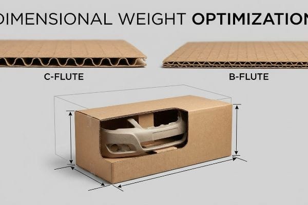 Bumper Packaging Optimization C-Flute and B-Flute corrugated profiles shown with a car bumper in custom packaging, illustrating Dimensional Weight Optimization.