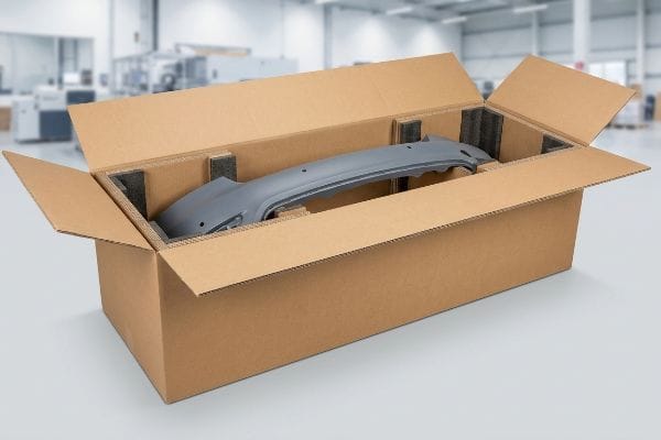 Bumper Shipping Packaging Gray car bumper securely packaged in a corrugated cardboard box with custom protective inserts for shipping.