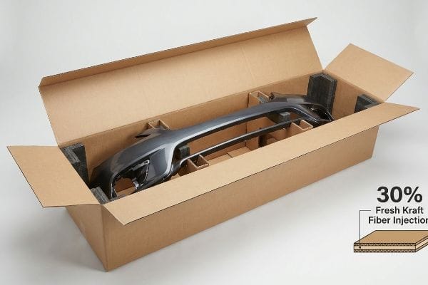 Bumper Kraft Fiber Packaging Gray car bumper packaged in a corrugated box with foam inserts, featuring a graphic for 30% Fresh Kraft Fiber Injection.