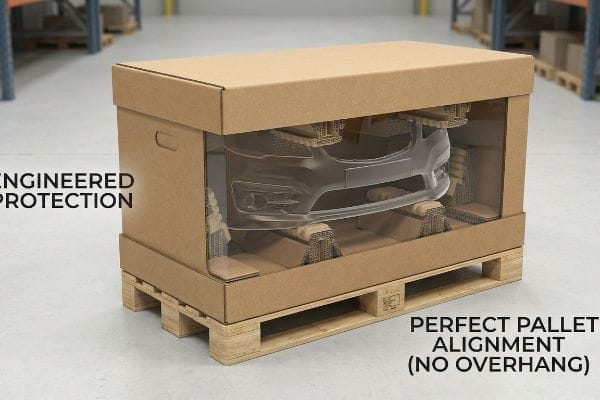 Bumper Packaging Pallet Alignment Brown corrugated cardboard box with custom inserts protecting an automotive bumper, demonstrating Engineered Protection and Perfect Pallet Alignment (No Overhang) on a wooden pallet.