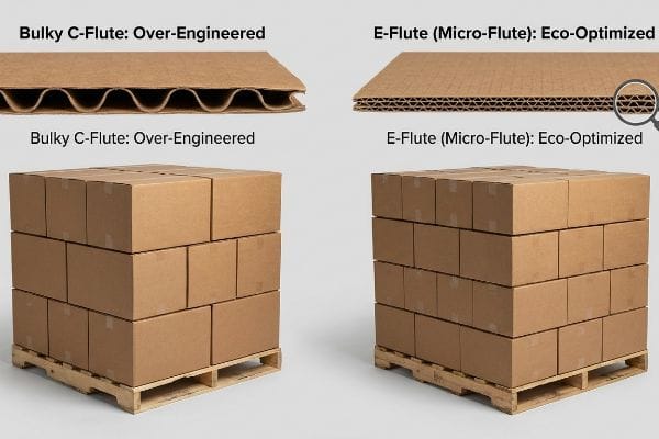 Flute Packaging Comparison Bulky C-Flute over-engineered and E-Flute micro-flute eco-optimized corrugated packaging, with stacked boxes.
