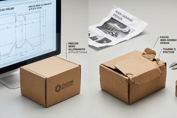 Computer screen showing CAD dieline with Precise Bend Allowances for E-Flute 1.5mm, next to a custom cardboard box with Custom Solutions logo.