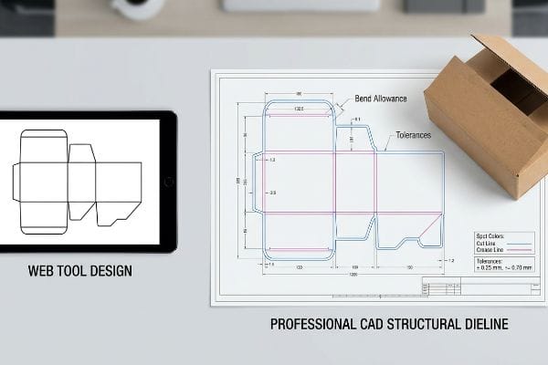 Professional Dieline Comparison Professional CAD Structural Dieline blueprint with Bend Allowance and Tolerances contrasted with a Web Tool Design on a tablet for custom packaging.