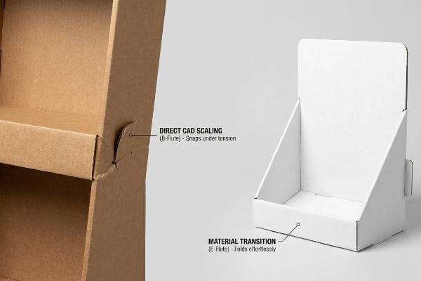 Flute Scaling Comparison B-Flute corrugated display detail, Direct CAD Scaling snaps under tension. E-Flute countertop display folds effortlessly.