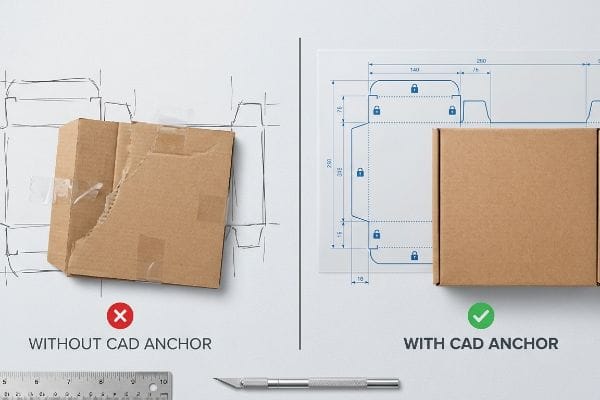 CAD Anchor Box Design Torn, hand-cut corrugated box without Cad Anchor versus perfectly folded box with precise CAD structural template.