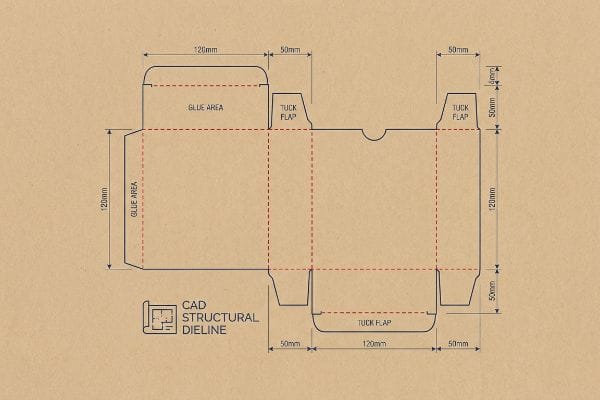 Box Dieline Blueprint Kraft paper textured CAD Structural Dieline blueprint for custom packaging, detailing Glue Area, Tuck Flaps, and precise measurements.