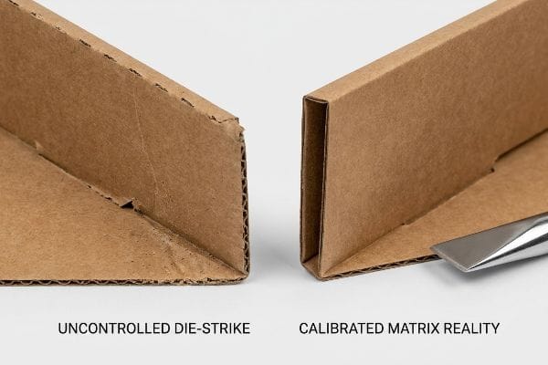 Brown corrugated cardboard sections comparing an Uncontrolled Die-Strike with micro-fractures to a Calibrated Matrix Reality with a clean 90-degree fold.