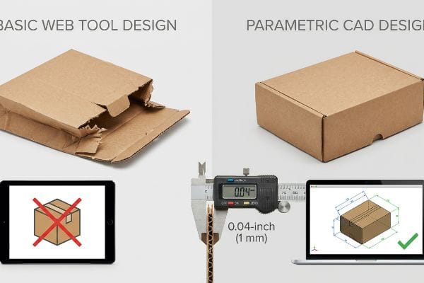 Parametric CAD Precision Corrugated cardboard thickness measured at 0.04-inch (1 mm) by a digital caliper, illustrating the precision of Parametric CAD Design versus Basic Web Tool Design.