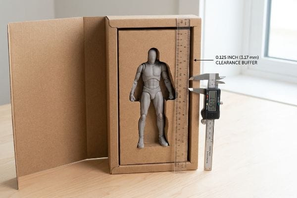 Brown cardboard box with a gray figurine, featuring a digital caliper measuring the 0.125 Inch (3.17 Mm) Clearance Buffer for suspension packaging.