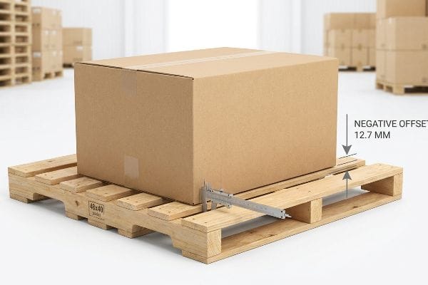 12.7mm Negative Offset Pallet Caliper measures a 12.7 mm Negative Offset for a cardboard box on a 48x40 pallet, preventing overhang and transit damage.
