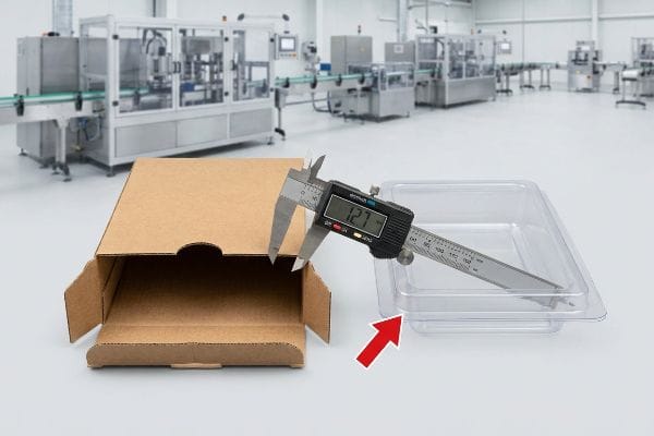 Le pied à coulisse mesure la tolérance d'emballage Un pied à coulisse numérique mesure un dégagement de 12,7 mm entre un plateau en plastique transparent et une boîte en carton ondulé ouverte, démontrant ainsi les tolérances d'emballage.