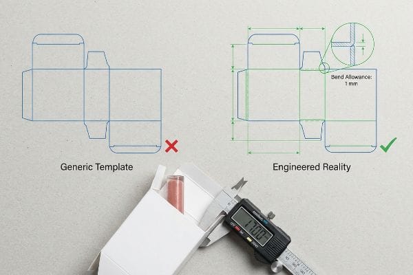 Engineered Dieline Precision Digital caliper measuring white cosmetic box with lip gloss tube, contrasting Generic Template and Engineered Reality dielines with 1 mm Bend Allowance.