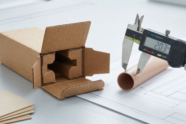 Caliper Measuring Packaging Tolerance Digital caliper measuring a cosmetic cylinder at 2.03 mm, beside an open corrugated packaging box.