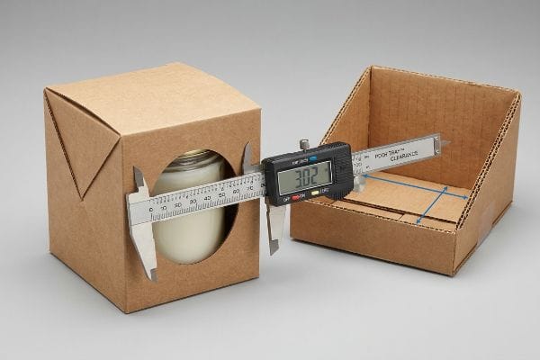 A digital caliper measures a candle carton's bulge at 3.02 inches, next to an empty Pooh Tray™ corrugated display for clearance.