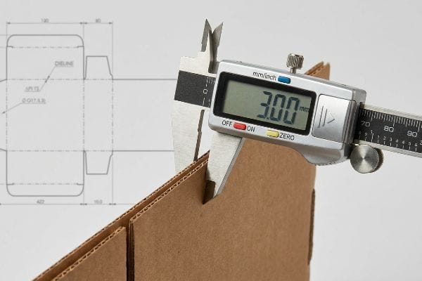 Digital caliper measures 3.00mm corrugated cardboard thickness, with a packaging dieline in background, vital for accurate bend allowance.