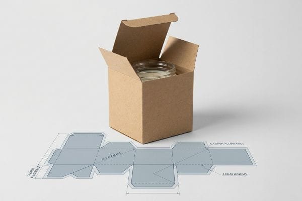 Candle Box Dieline Design Brown kraft paper candle box with a glass jar, next to a structural packaging dieline illustrating Fold Radius and Caliper Allowance.