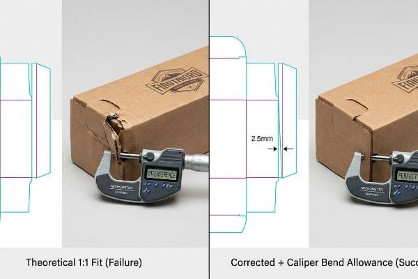 Caliper Bend Allowance Fix Brown corrugated boxes with Firmtrail logo, showing 'Theoretical 1:1 Fit (Failure)' with 'Interference' measured by a micrometer, contrasted with a 'Corrected + Caliper Bend Allowance (Success)' box displaying 'Perfect' fit and '2.5mm' tolerance.