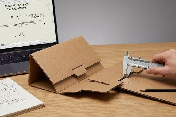 Bend Allowance Calculations Caliper measures corrugated slot. Laptop shows 'Bend Allowance Calculations'. Notebook 'Caliper Compensation'.