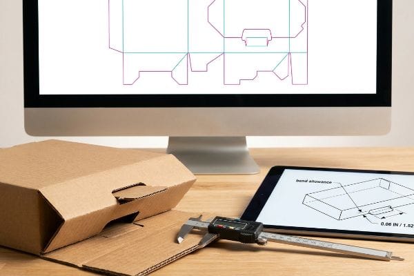 بدل انحناء الفرجار صندوق عرض من الورق المقوى البني المموج يتم قياسه بواسطة فرجار رقمي، إلى جانب شاشة تعرض مخطط قطع ثنائي الأبعاد وجهاز لوحي يوضح "بدل الانحناء" بمقدار "0.06 بوصة / 1.52 ملم".