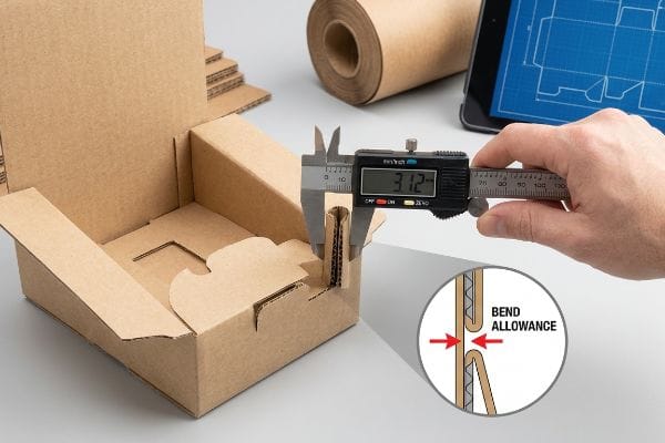 Caliper Bend Allowance A digital caliper measures a folded corrugated cardboard box, displaying 3.12, with an inset illustrating 'Bend Allowance' for precise packaging.