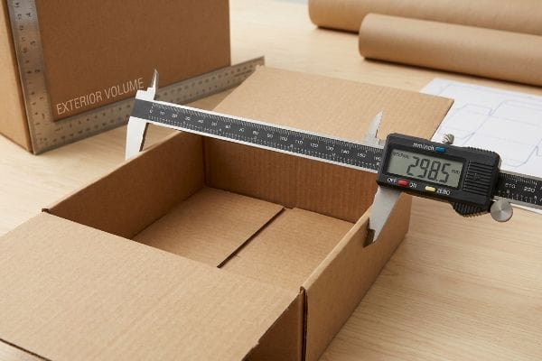 Box Interior Measurement A digital caliper displays 298.5 mm while measuring the interior width of an open corrugated cardboard box, with another box labeled 'Exterior Volume' in the background.