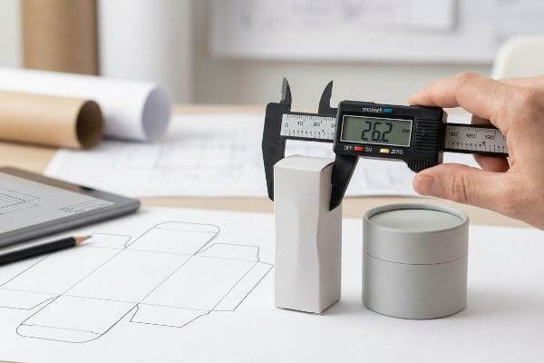 A hand uses a digital caliper, displaying 26.2 mm, to measure a light gray cosmetic box, with a packaging dieline and round container on a desk.